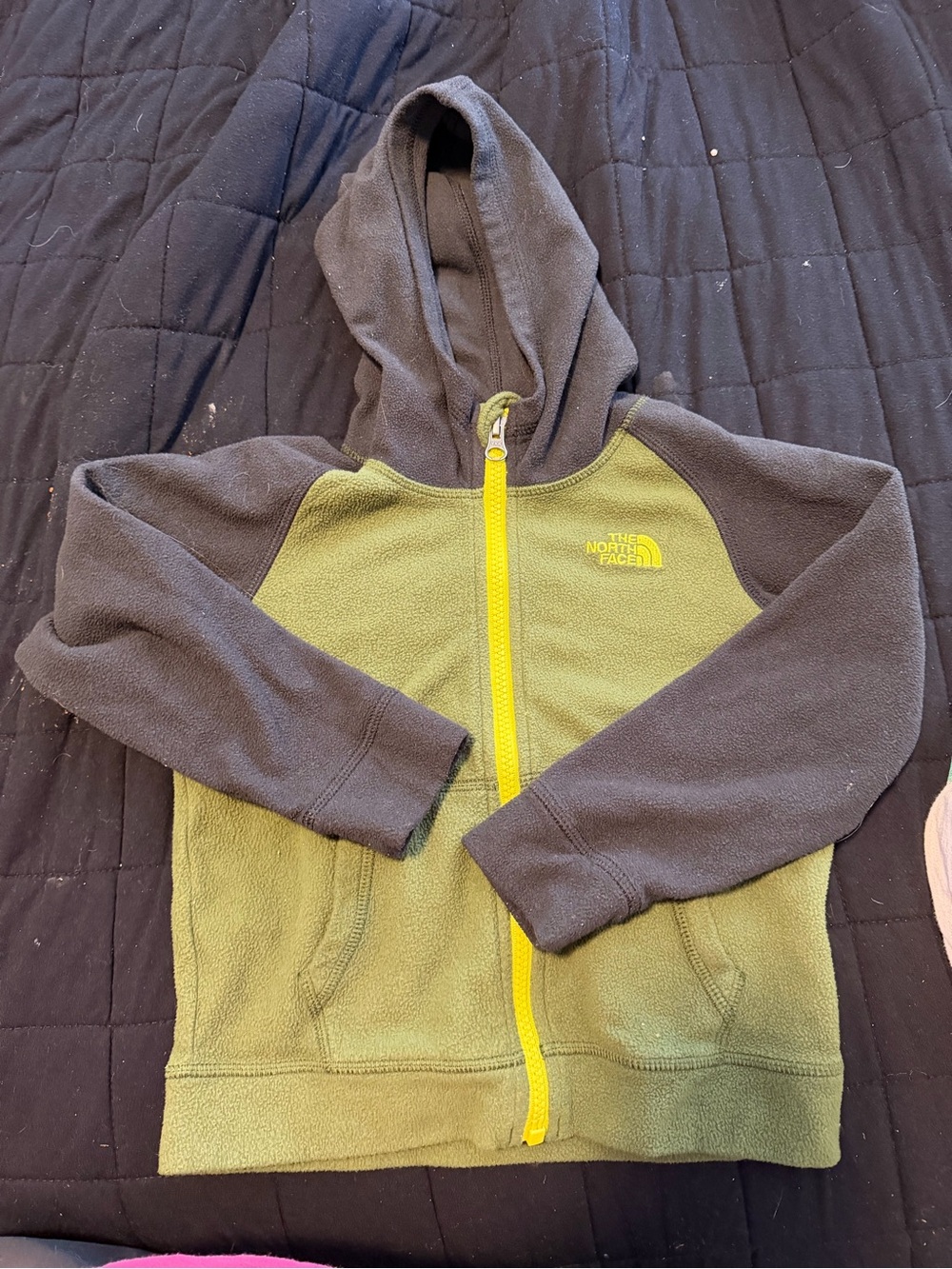 The North Face Kids Olive Green & Charcoal Zip Fleece Hoodie with Yellow Zipper